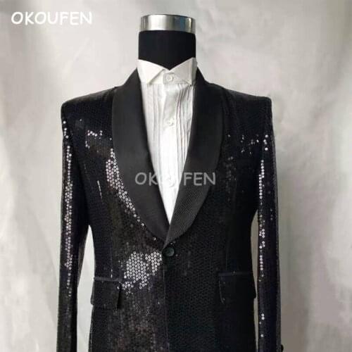 Mens black sequins dress suit wedding hosted ceremonial stage costumes nightclub bar singer performance wear
