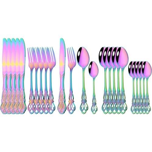 24pcs/6set Royal Dinnerware Stainless Steel Set Vintage Spoon Forks Knives Home Kitchen Western Dinner Silverware Tableware Gift