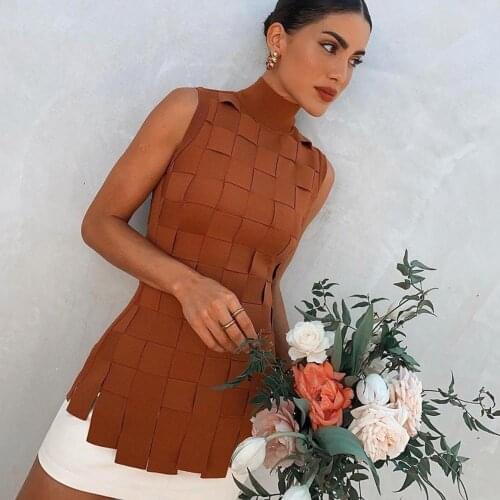 New Trendy Turtleneck Tan Brown Plaid Patchwork Bandage Bodycon Mini Dress For Women Vestidos Evening Party