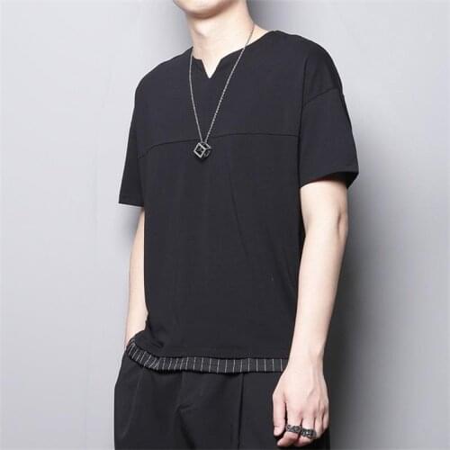 Summer new mens V-neck stripe splicing slim simple light Casual Short Sleeve T-Shirt fashion mens fashion