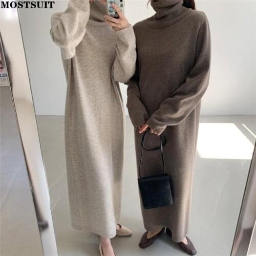 Casual Thicken Warm Women Knitted Dress Full Sleeve Loose Turtleneck Female Sweater Dresses 2021 Autumn Winter Vestidos