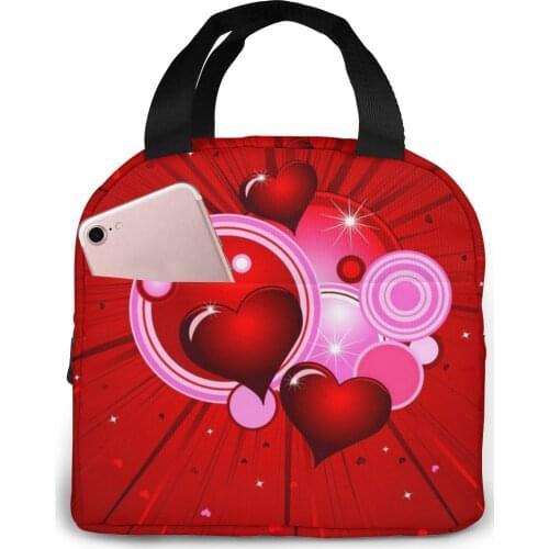 Pink Hearts Canvas Portable Cooler Lunch Bag Fashion Thermal Insulated Food Bags Food Picnic Lunch Box Bag for Men Women Kids