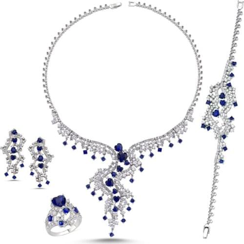Silverlina Silver Sapphire Blue Zircon Stone Necklace, Bracelet, Ring and Earrings Set