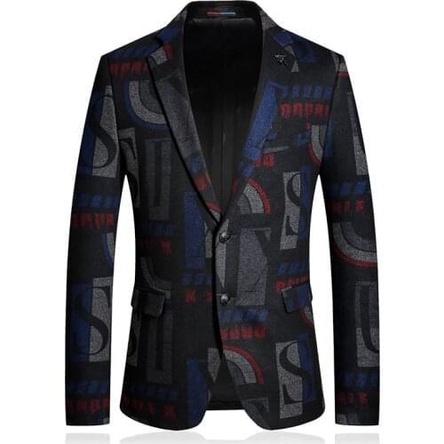 Wool Geometric Printing Men Blazer Hombre Casual Business Office Winter Suit Jacket Two-Buttons Wedding Slim Fit Coats Costume