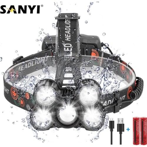 USB Rechargeable 18650 Headlamp 5*XML T6 Powerful LED Headlight Torch Hunting Head Lamp Camping Flashlight Waterproof head Light