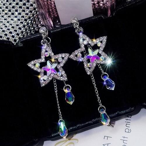 Korean Pop Temperament Exaggerated Star Alloy Crystal Long Tassel Earrings For Women Fashion Stud Jewelry Wholesale