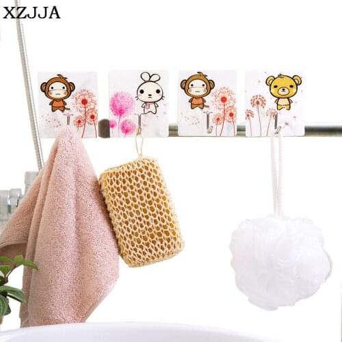XZJJA 2PCS Cute Cartoon Animal Keys Holder Family Robe Hanging Hooks Bag Key Adhesive Wall Hanger Bathroom Kitchen Organizer