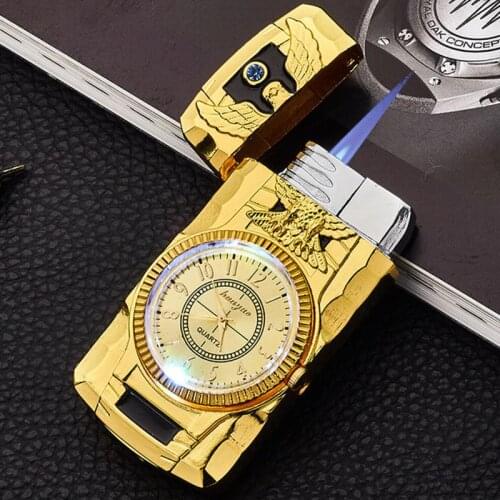 LED Gold Watch Jet Lighter Torch Turbo Gas Lighter Windproof Cigar Cigarette Metal Lighter Inflated Gasoline Butane Men Gift