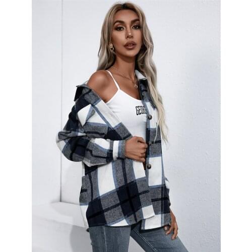 2021 New Women Autumn Jackets Blouses Plaid Turn-Down Collar Long Sleeves Button-Open Loose Shirt for Girls Coats 2 Colors