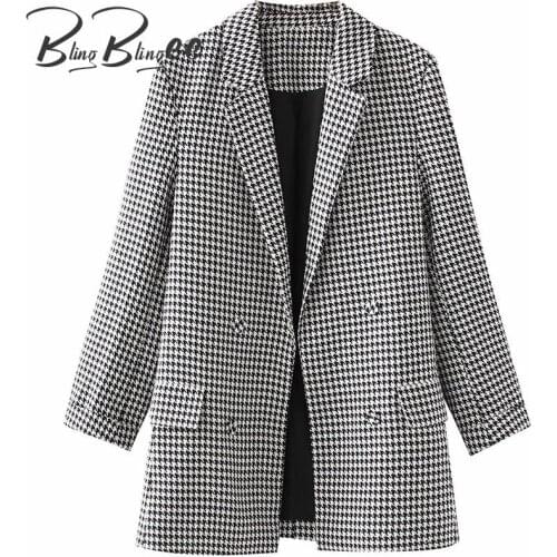 BlingBlingee Houndstooth Blazers 2021 Autumn Notched Collar Wrist Sleeve Double Breasted Flap Pockets Women Casual Jackets Coats
