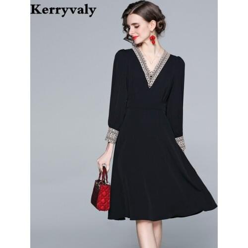 Spring 2021 Elegant Women Long Sleeve Embroidery V-neck Black Party Dress Sacos De Mujer De Vestir Vestido De Mujer K7004