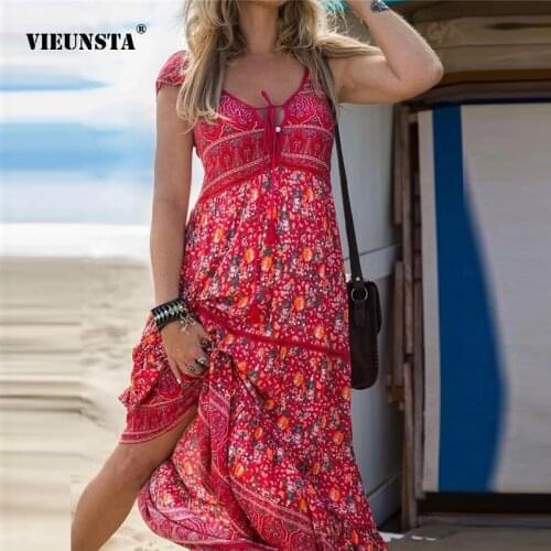 2021 Vintage New Floral Print Long Dresses Sexy Lace-Up V Neck Sling Beach Maxi Dress Women Sleeveless Backless Boho Party Dress