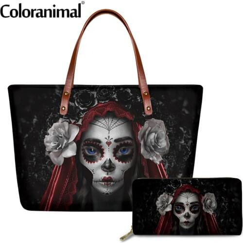 Coloranimal Gothic Sugar Skull Girls Pattern Ladies Handbags 2Pcs/Set Women Large Crossbody Bags&Wallets Tote Shoulder Bags sac