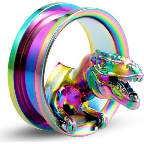 1PC Tyrannosaurus Flesh Tunnel Ear Gauge Stretcher Plugs Jewelry for Women Rainbow Surgical Steel 3D Dinosaur Piercing Tunnels