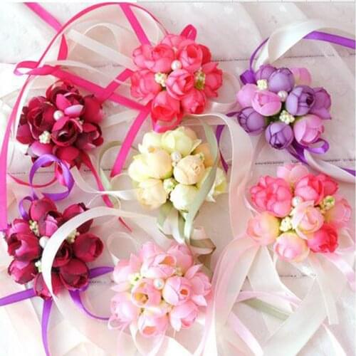 20Pcs/Lot Wrist Flower Rose Silk Ribbon Bride Corsage Hand Decorative Wristband Bracelet Bridesmaid Curtain Band Clip Bouquet