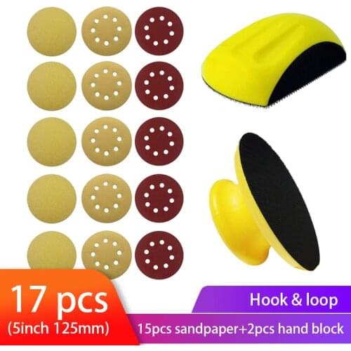 2pcs 5inch Sanding Disc Holder Hand Grinding Block Sand paper Backing Polishing Pad PU Foam + 15pcs Round Sandpaper for Wood