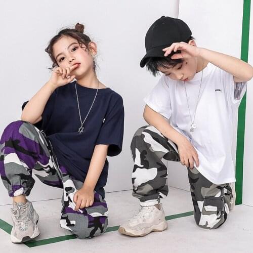 Girls Boys Hip Hop T Shirt Camouflage Pants Ballroom Dancing Costumes for Kids Jazz Dance Costumes Stage Wear Outfits Dancewear