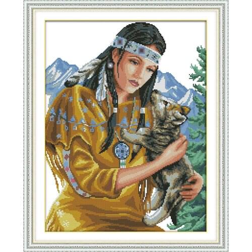 Joy Sunday Beauty And Wolf Pup Chinese Cross Stitch Kits Ecological Cotton Stamped Printed 11CT DIY Wedding Decoration For Home