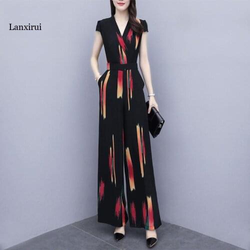 Womens New Slim Jumpsuit Summer Fashion Print Chiffon Black Short Sleeve High Waist Wide Leg Pants Chic Office Lady Coveralls