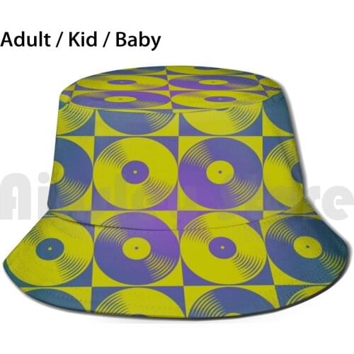 Cool Retro Vinyl Records Pop Art Sun Hat Foldable UV Protection Vinyl Records Gramophone Pattern Blue Yellow Popart