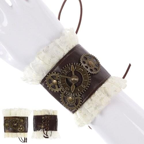 Steampunk Wrist Cuffs Retro Leather Lace Bracelet Women Clock Gear Victorian Halloween Costume Lolita Accessories For Girls