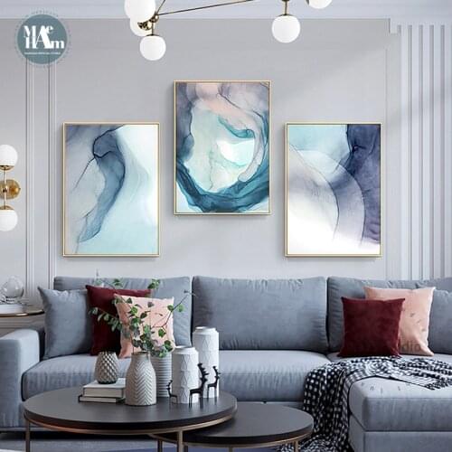 Nordic Blue cloud Wall Art Canvas Painting Abstract Watercolor texture lines Art Poster Print Wall Picture for Living Room Decor