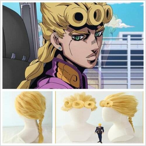 Women Men Anime JoJos Bizarre Adventure Giorno Giovanna Cosplay Wig Curly Yellow Cosplay Wigs Long Ponytail Hair Wig