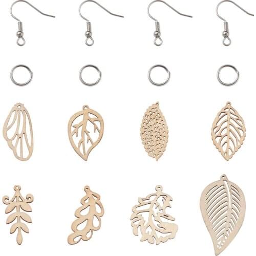 Hollow Wooden Leaf Charm Pendants with Earring Hooks Open Jump Ring For DIY Handmade Dangle Earrings Jewelry Making Supplies Kit