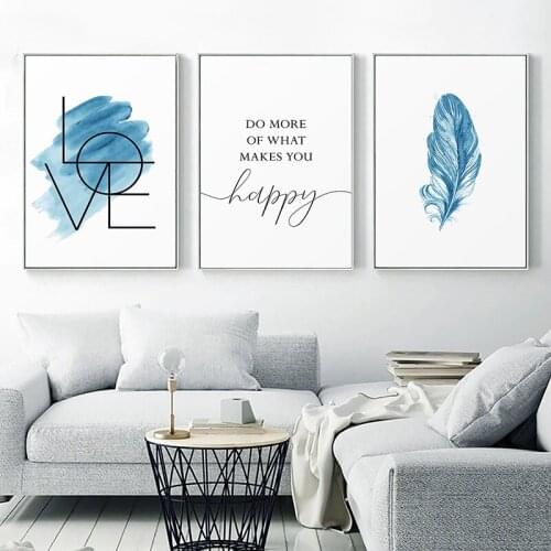 Nordic Blue Feather Poster and Print Love Quote Simple Decoration Picture Art Wall Canvas Painting For Girls Room Living Room