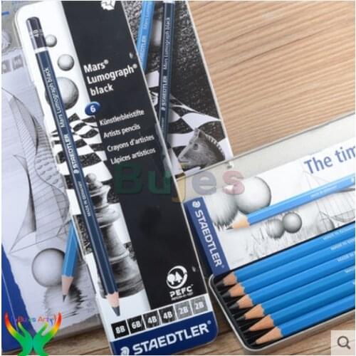 Staedtler 6/12/20/24 color Black / blue pen rod Sketch pencil in iron box Multiple grayscale Sketching painting art supplies