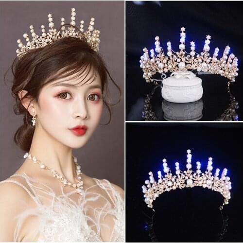 Wedding Accessories LED Light Bridal Headpiece Princess Crown Wedding Pearl Tiara Headband Wedding Crown for Brides Hair Jewelry