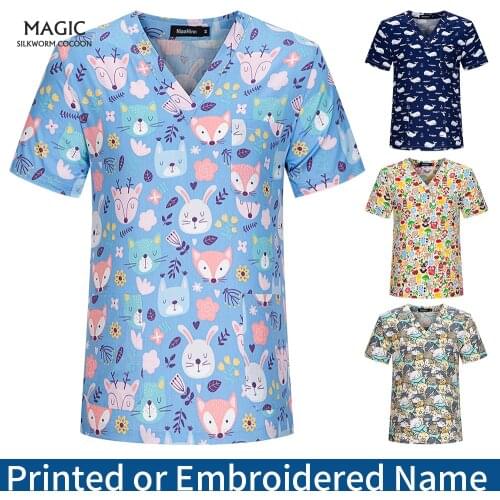 V-Neck Scrubs Top Pet Clinic Veterinary Work Tops Beauty Salon Uniform Nursing Print Scrub Tops 100%Cotton Pharmacy Work Clothes