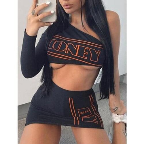 Chic Sexy Long Sleeve Sleeveless Short Skirt Two Piece Set Women Letter Print Crop Top Short Skirt Sexy Club Fashion Tops Summer