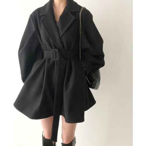 2021 Fall Winter Womens Fashion Jacket Suit New Belt Lantern Sleeve Tie Lapel Warm Wool Cotton Coat Solid Color Coats for Women