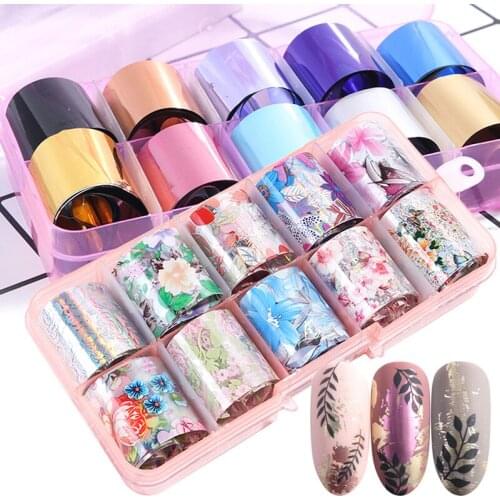 10Pcs Holographic Nail Foil Flower Starry Sky Manicure Stickers Decals Pro Kit