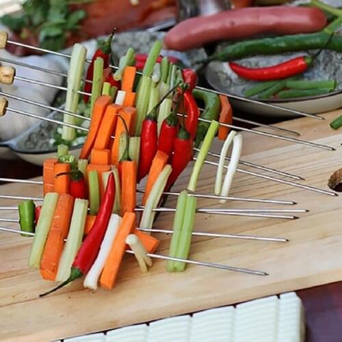 10 Pcs Flat Barbecue Stick BBQ Roasting Needle With Wooden Handle Brochette Tong for Skewers Stainless Steel Roasting equipment