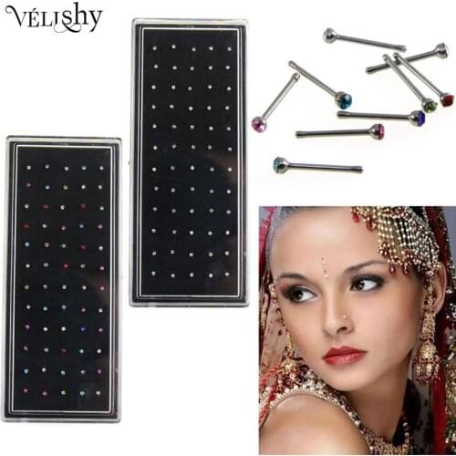60pcs Crystal Nose Ring For Women Girl Jewelry Surgical Steel Nose Piercing Colorful Rhinestone Body Jewelry