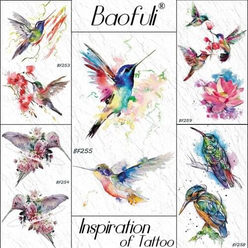 BAOFULI Watercolor Hummingbird Fly Temporary Tattoo Sticker Colorful Painting 3D Tattoo Body Art Arm Fake Waterproof Tatoo Paste