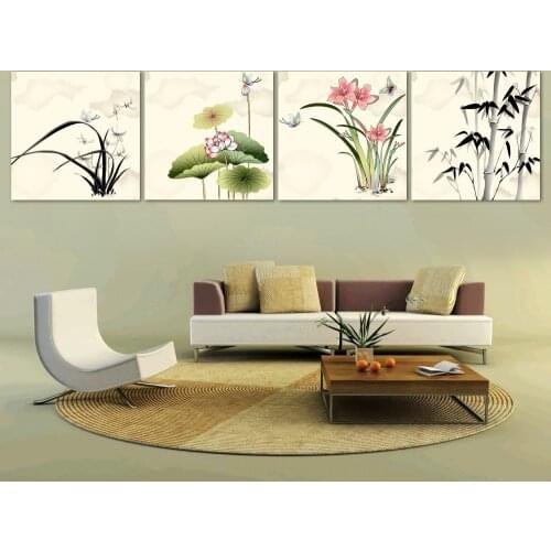 Free Shipping Chinese Bamboo And Lotus Oil Painting Home Decoration 4 Pieces Set Paint On Canvas Wall Pictures For Living Room