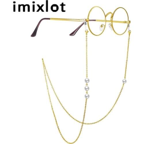Imixlot Luxury Classic Stainless Steel Eyeglass Chain Imitation Pearl Beaded Spectacles Glasses Holder Neck Strap Holder Lanyard