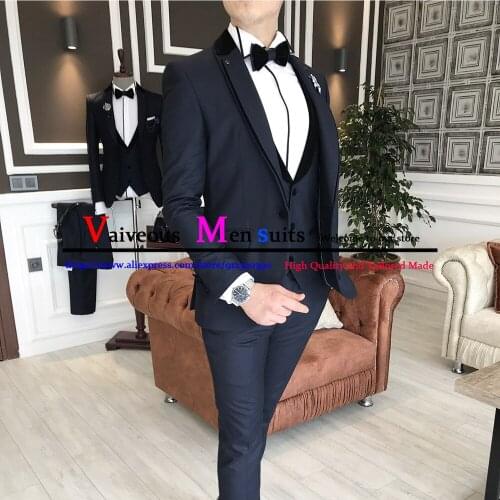 Costume Homme 3 Pieces Dark Navy Blue Men Suits Shawl Lapel Weeding Suits For Men Slim Fit Mens Prom Tuxedos Blazer Groom Suit