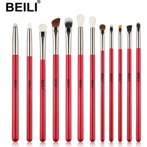 BEILI Eye Makeup Brush Set 12pcs Red Eye Shadow Makeup Brushes Professional Eyeliner Blending Eyebrow Make Up Tools Goat Hair