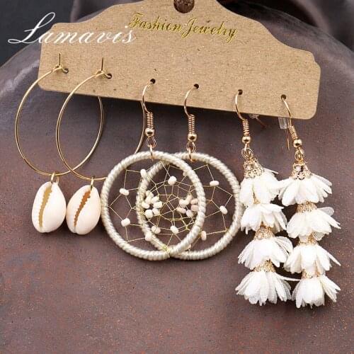 Three-Piece Earring Set Korean Edition Creative Personality Golden Shell Dream Catcher Flower Earring Accessories