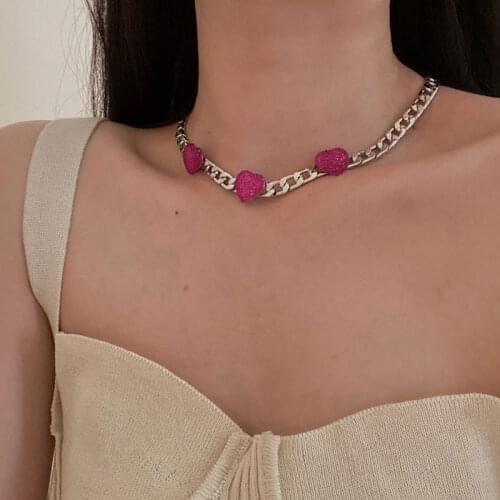 Punk Rose Pink Love Silver Color Cuban Chain Thick Chain Necklace for Women Clavicle Chain Female 2021 New Trend Jewelry