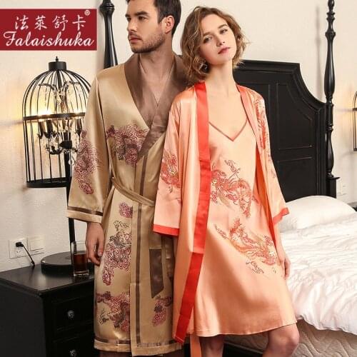 22 momme 100% genuine silk pyjama couple Robe men Noble dress+robe sexy Gown sets women elegance silky pure mulberry silk robes