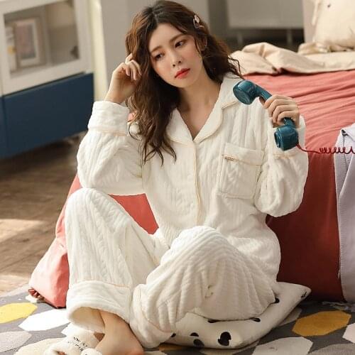 Womens Pajamas Autumn Winter Flannel Long-Sleeved Trousers Two-Piece Sleepwear Thick Solid Color Lapel Cardigan Casual Homewear