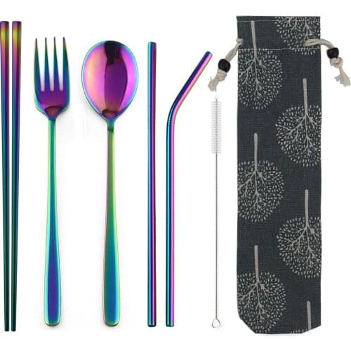 QL Portable Travel Set 304 Stainless Steel Fork Scoop Chopsticks Straw Silverwar Set Rainbow Cutlery with Pouch