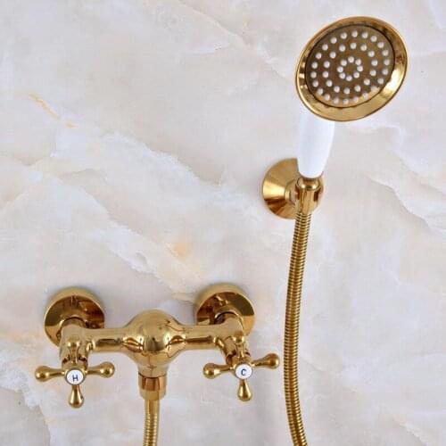 Luxury Polished Gold Color Brass Bathroom Hand Held Shower Head Faucet Set Mixer Tap Dual Cross Handles mna970