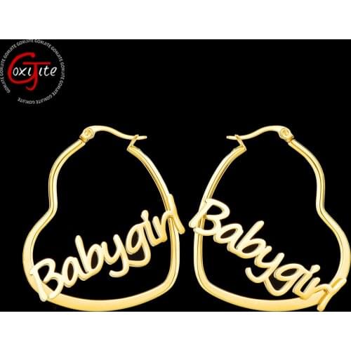 Goxijite Custom Name Hoop Earring For Women Stainless Steel Personalized Letter Nameplate Heart Loop Earrings Jewelry Gift