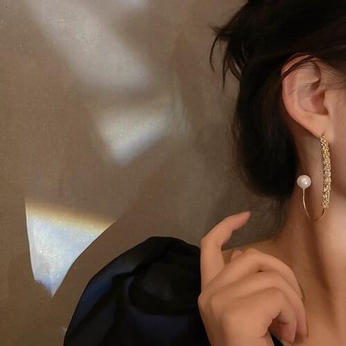 European and American simple design rhinestone pearl G-shaped earrings net red fashion and elegant temperament female earrings